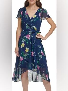 DKNY Navy Floral Wrap Midi Dress